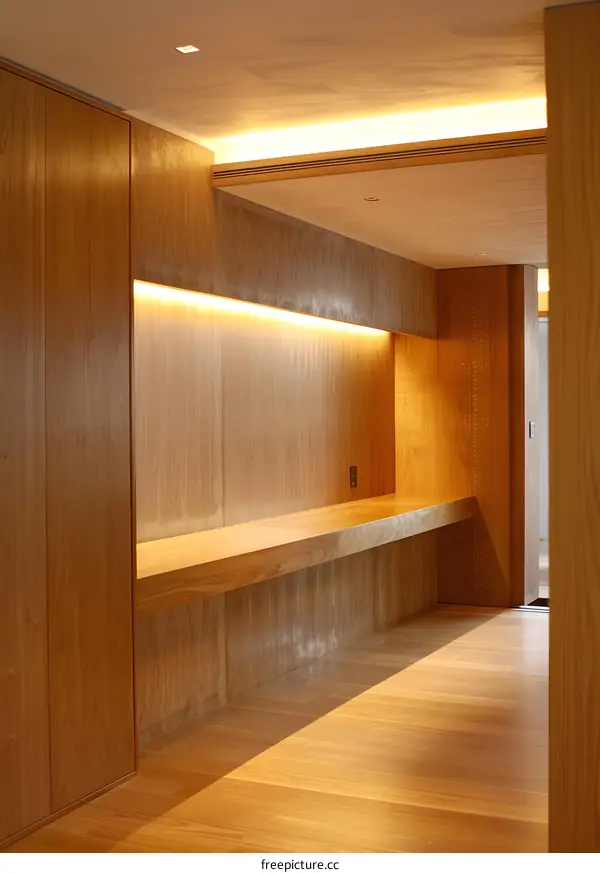 Modern Minimalist Wooden Hallway With Warm Lighting