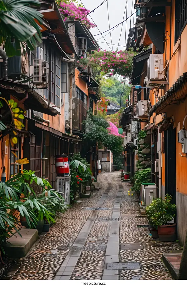 A narrow alleyway in a Japanese town