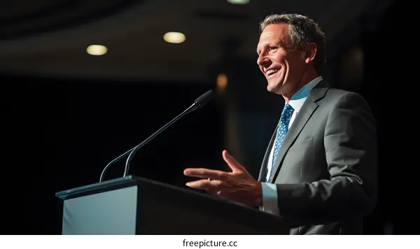 Smiling Man Delivering Speech At Podium
