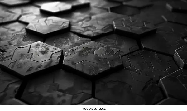 Black and gray 3D rendering of a surface with hexagonal tiles