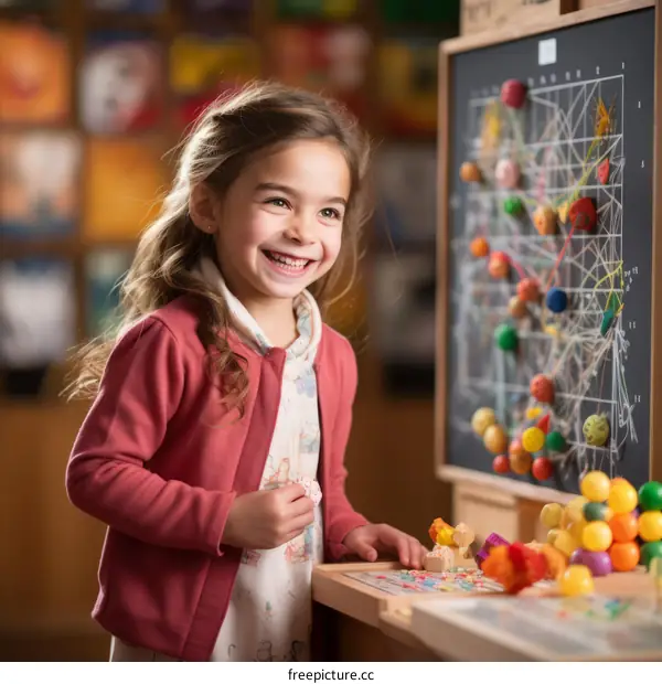 Little girl playing with colorful magnetic balls on a board