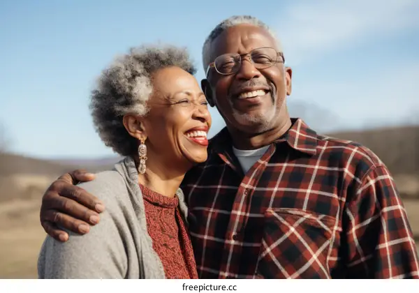 Happy elderly African American couple smiling outdoors