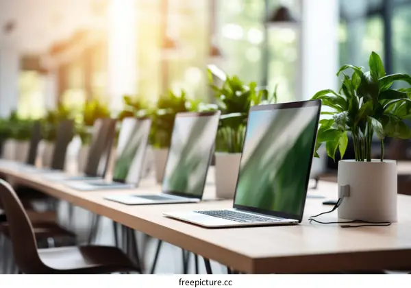 Modern office interior with green plants