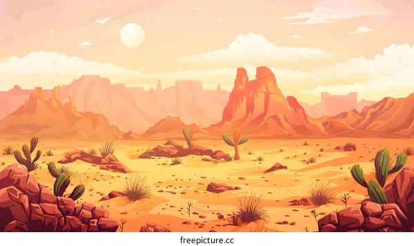 Desert Landscape Illustration with Cactus and Mountains
