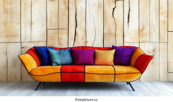 Colorful Modern Sofa in a Rustic Living Room