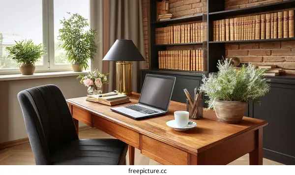 Cozy Home Office with Wooden Desk and Bookshelves