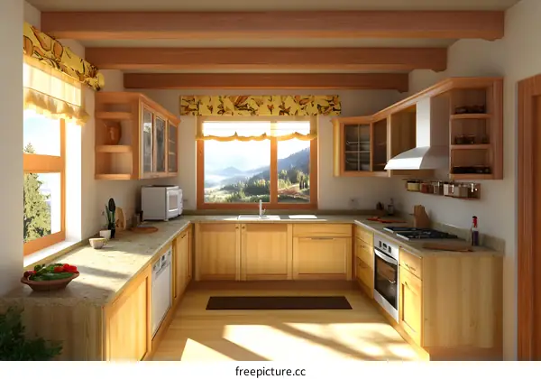 Modern Kitchen Interior Design With Wooden Cabinets And Granite Countertops