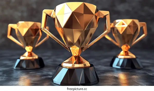Three Golden Trophy Awards on Dark Background