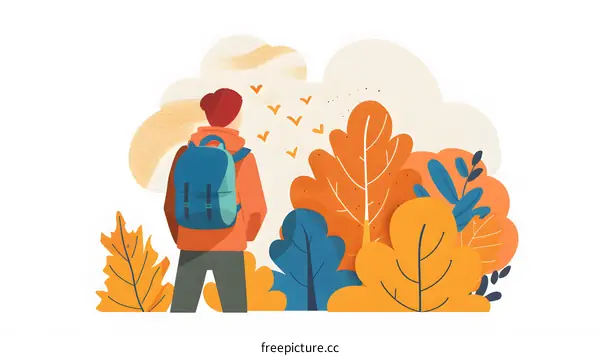 Autumn Landscape Illustration with a Person Looking at Birds