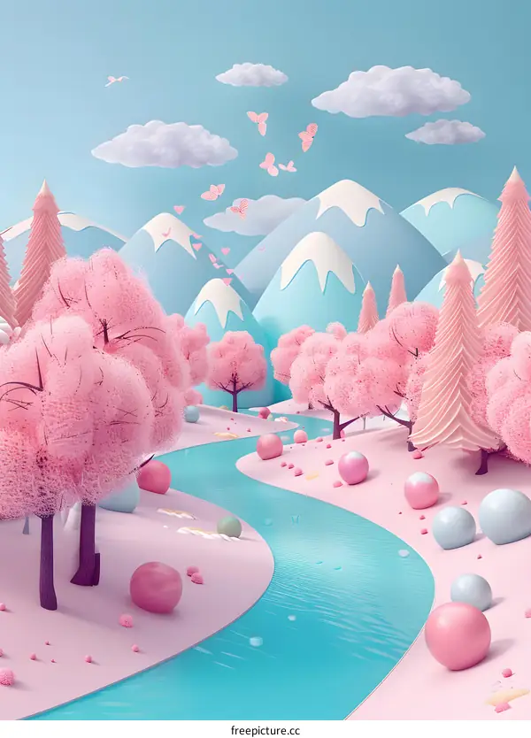 Pastel Pink Landscape With Mountains and River