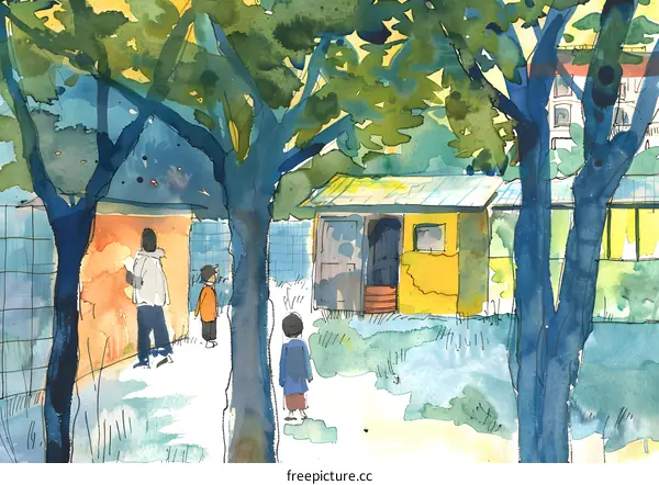 Watercolor Illustration of Three People in a Backyard with Trees and a Small Building