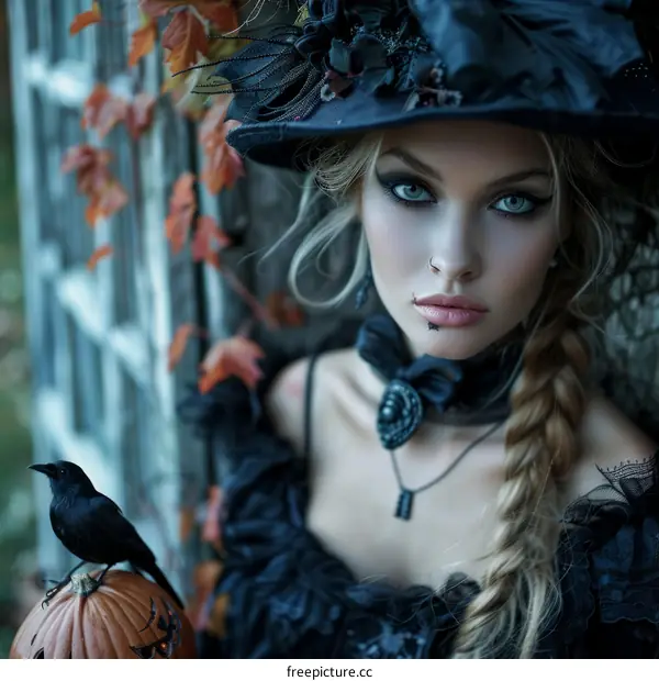 portrait of a beautiful blonde haired woman dressed as a witch for halloween