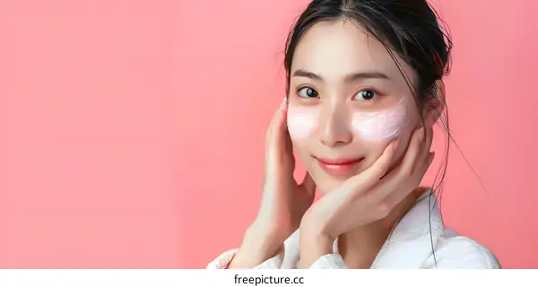 Beautiful Asian Woman Applying Face Cream On Pink Background