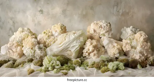 White Cauliflower Still Life with Moss and Fabric