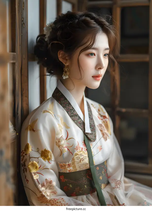Portrait of a beautiful Asian woman in traditional Korean dress, or Hanbok