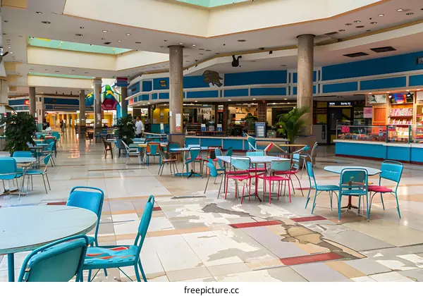 Empty Food Court in a Mall with Retro Style Tables and Chairs