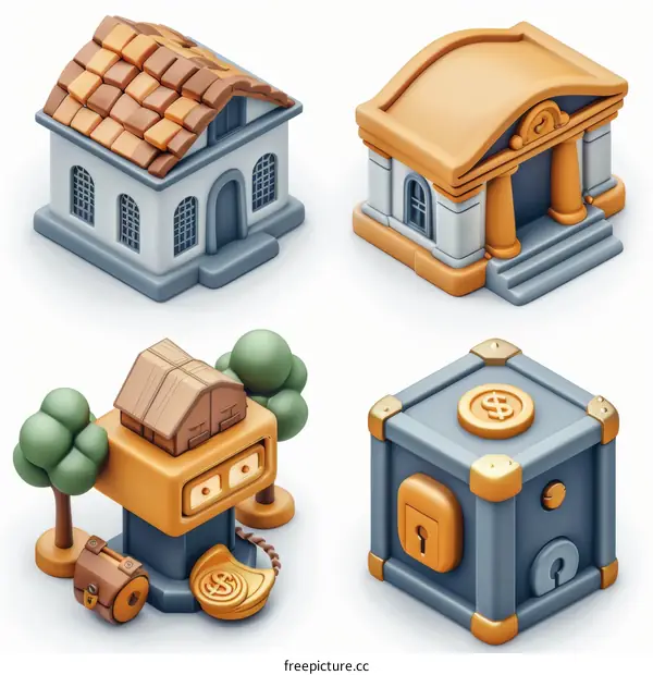 isometric city buildings bank house tree storage