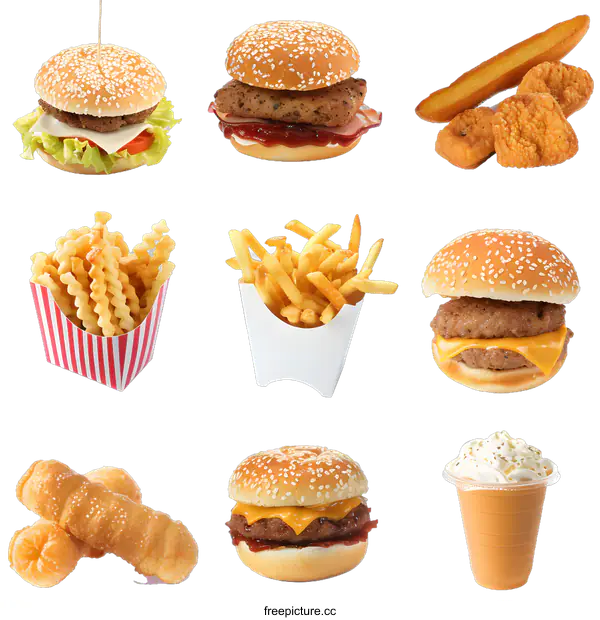 [Transparent Background PNG]Delicious Fast Food Combo Set With Burger, Fries And Drinks