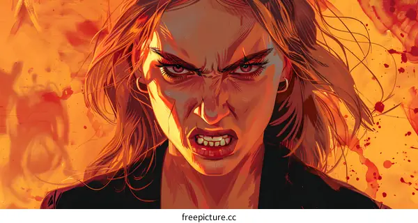 A woman with red hair and a black jacket looks angry.