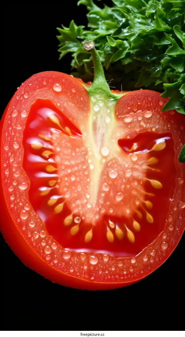 Close-up of a tomato cut in half with water droplets on the surface