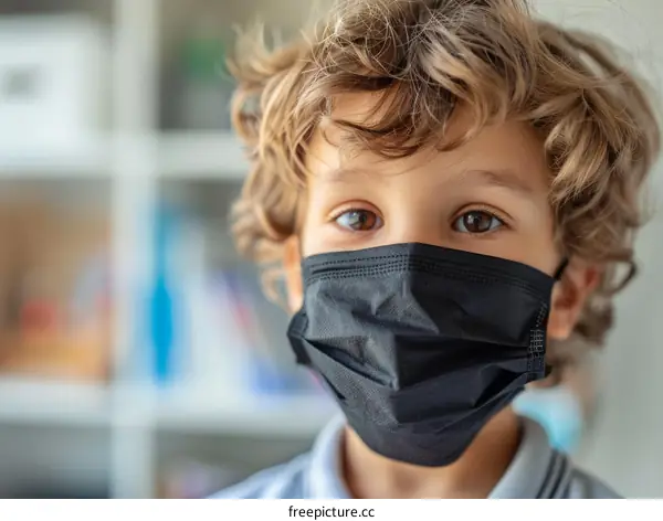 Little boy wearing a black mask