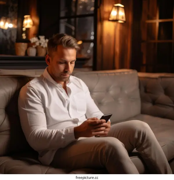 Young man sitting on couch using smart phone