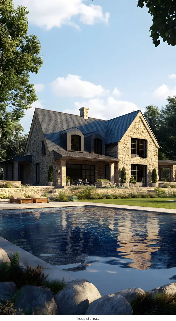 Modern Stone House with Pool and Lush Greenery