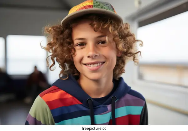Portrait of a happy caucasian boy with curly hair wearing a colorful hat and striped shirt