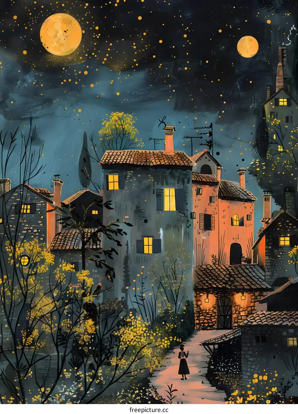 Night Sky Above Town with One Woman