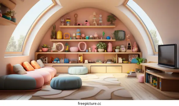 A cozy and colorful living room with a variety of furniture and toys