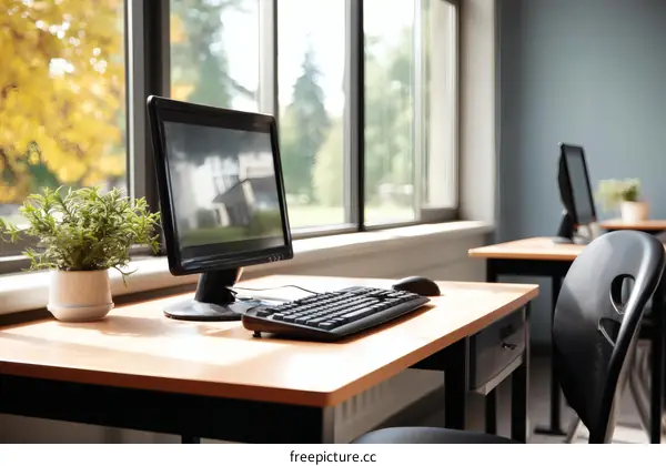 Empty Computer Workstation by a Window