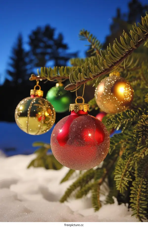 Christmas ornaments hanging on a snowy tree branch