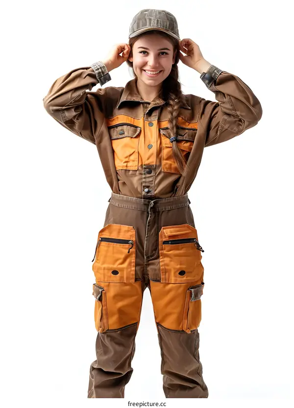 Woman in Workwear Adjusting Her Cap