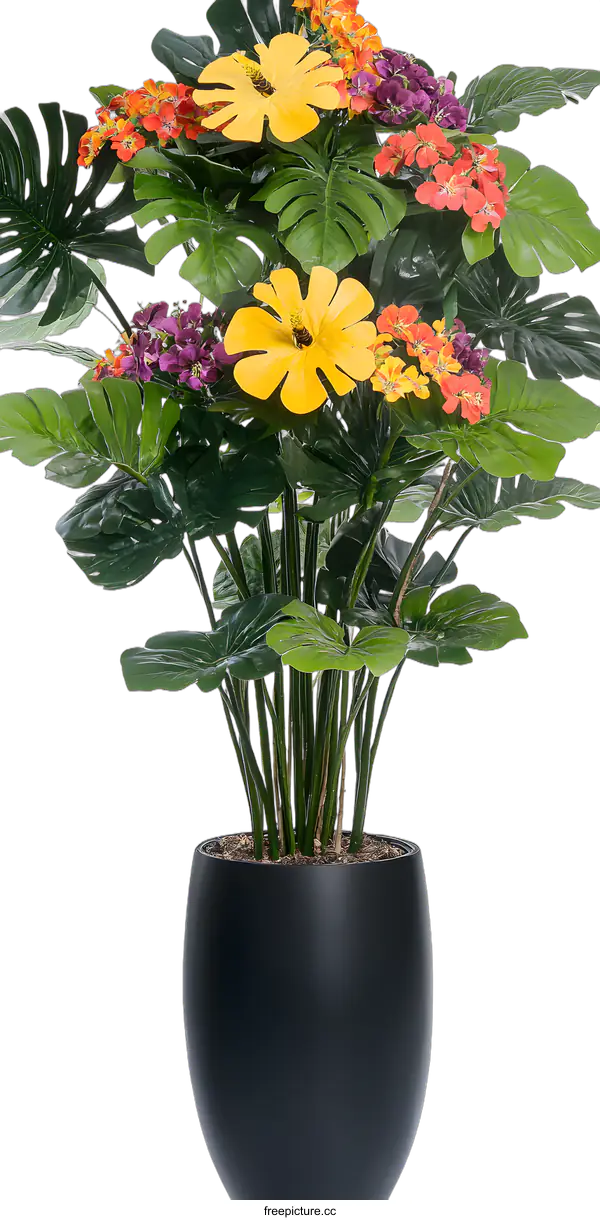 [Transparent Background PNG]Yellow Flower and Green Leaves in Black Pot