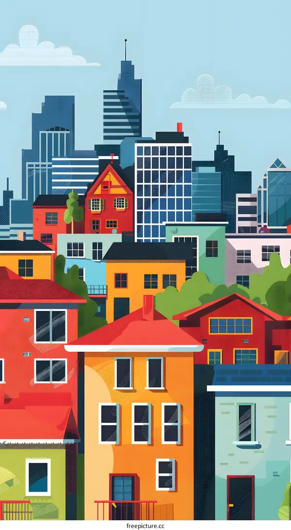 Colorful Cityscape Illustration with Buildings and Sky