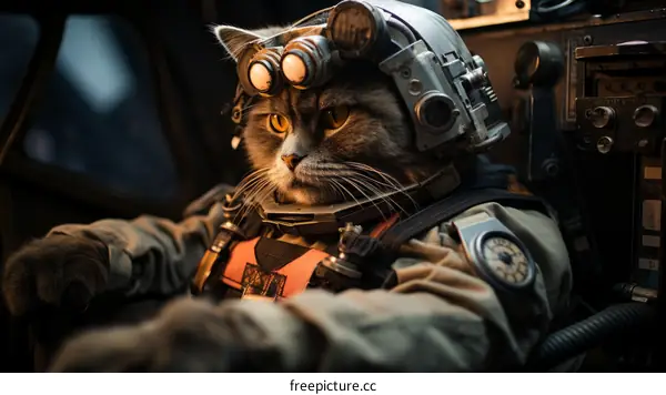 A cat wearing a飛行員盔甲的猫