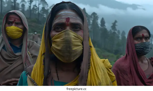 Indian Women Wearing Face Masks in a Forest