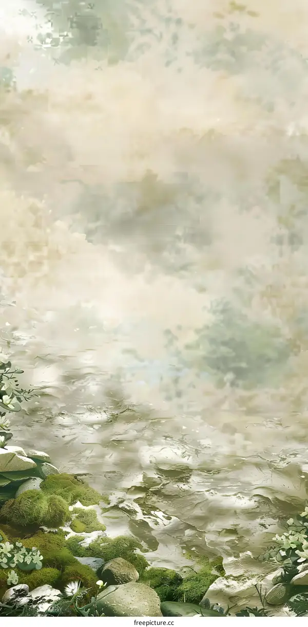 Watercolor Painting of Green Landscape with Rocks and Moss