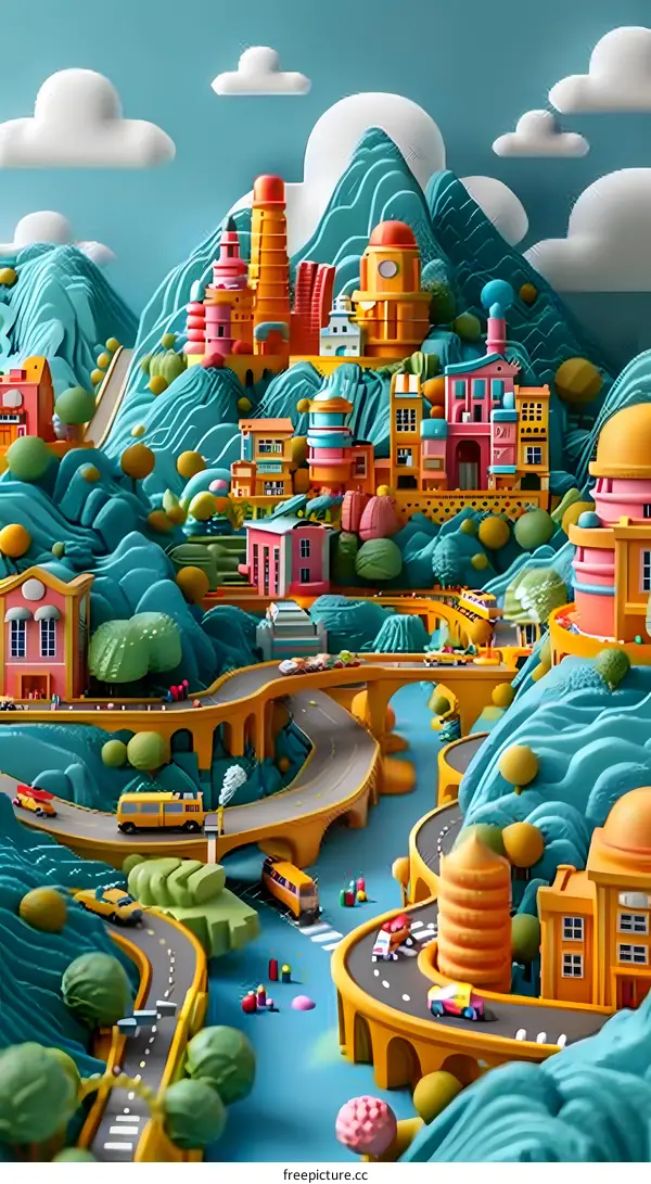 A 3D rendering of a colorful city with roads, bridges, and buildings