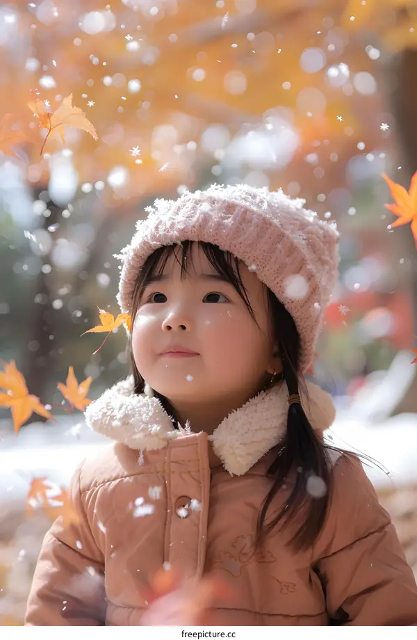 Little girl looking up at the sky in wonder as snow falls around her