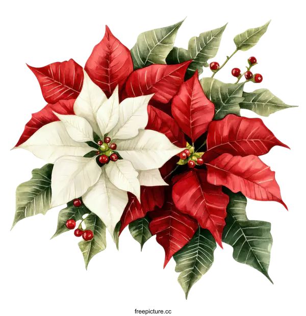 [Transparent Background PNG]Watercolor Christmas Poinsettia Bouquet Illustration