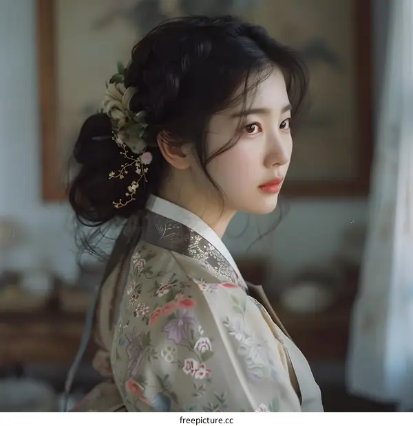 Portrait of a young woman in traditional Korean dress, or hanbok