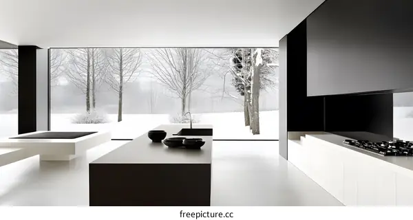 Modern Minimalist Kitchen Interior Design with White Countertop and Large Windows Overlooking Snowy Landscape