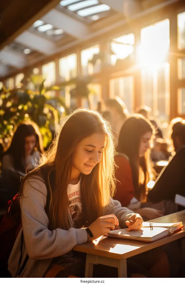 Young woman sitting in a library reading a book