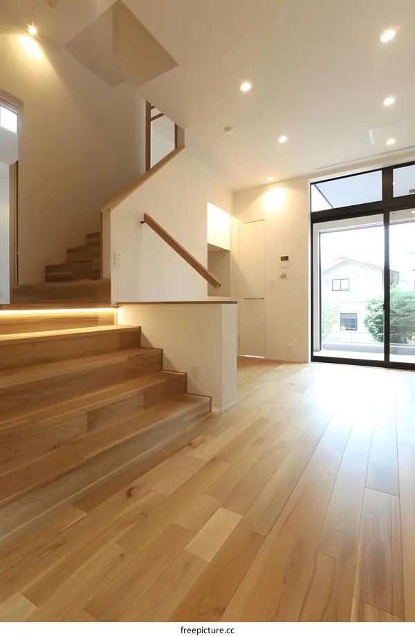 Modern House Interior with Wooden Stairs and Natural Light