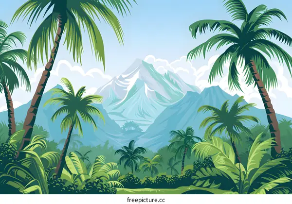 Tropical Jungle Landscape with Palm Trees and Mountains