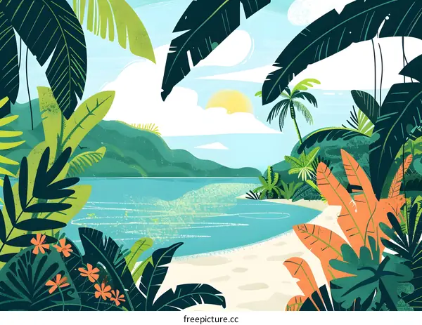 Tropical Paradise Beach Illustration
