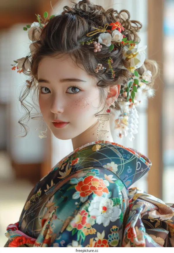 Portrait of a young woman in a kimono with flowers in her hair
