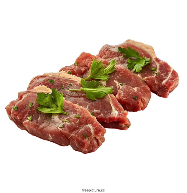 [Transparent Background PNG]Raw Beef Steaks with Parsley on White Background