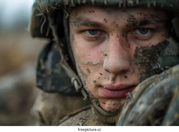 Portrait of a young soldier with mud on his face